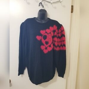 Olsen Black and Red Heart Pattern Angora Blend Sweater M